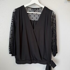 New York & Company 7th Ave Women XS Mesh Polla Dot‎ 3/4 Sleeve Black Blouse Top